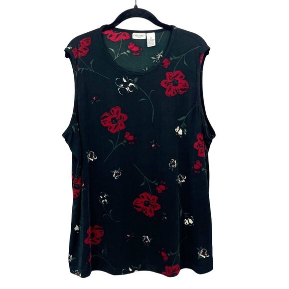 Cherokee Tops - Vintage Y2K 90s Black & Red Floral Slinky Sleeveless Tank Top Whimsigoth Size 1X
